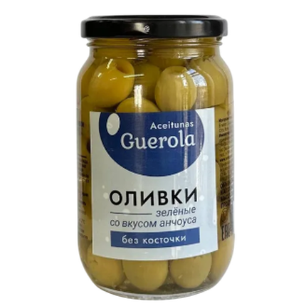Оливки Aceitunas Guerola зеленые без косточки со вкусом анчоуса 340/170г